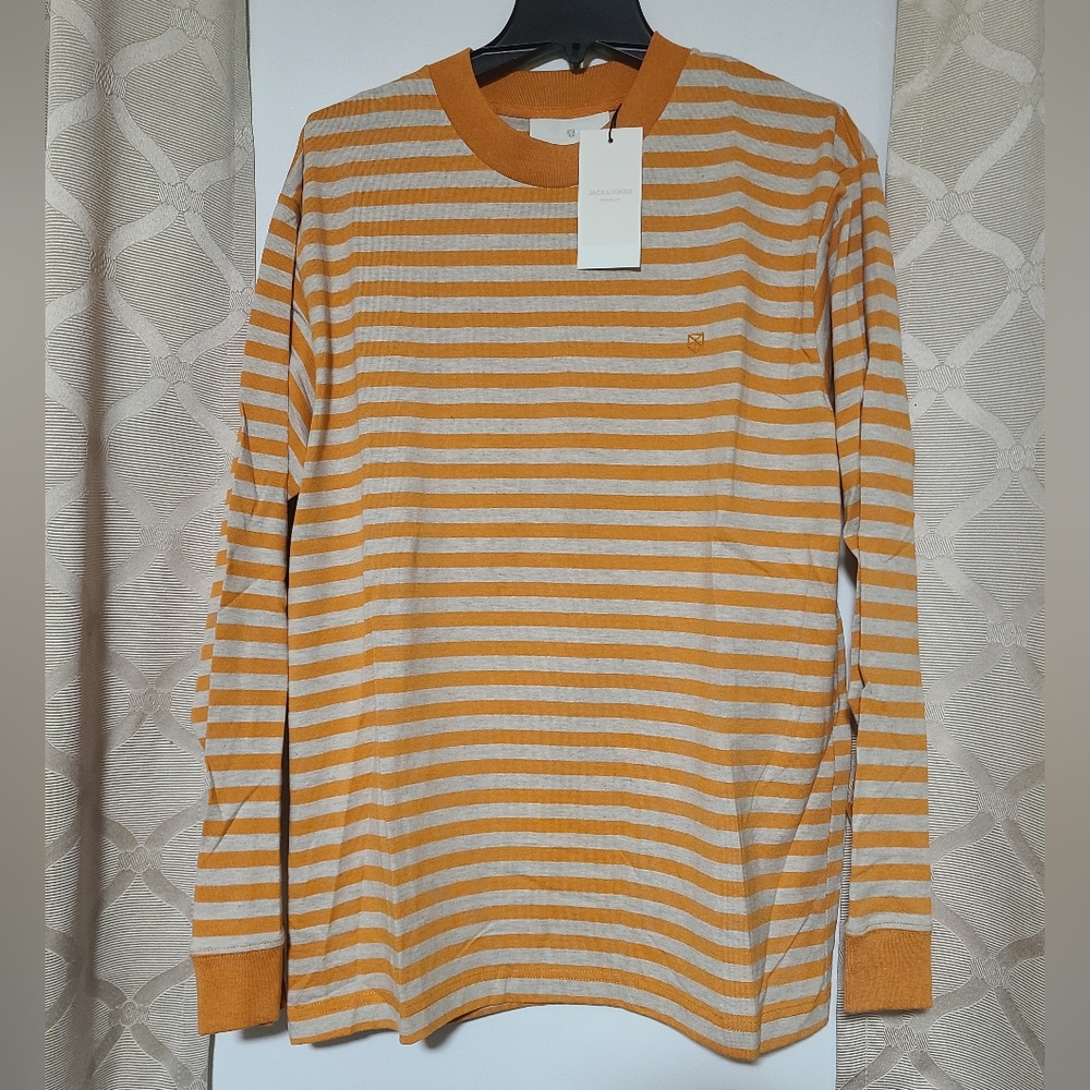 Jack&Jones Premium Striped Orange Long Sleeve Shirt Mens Size Large